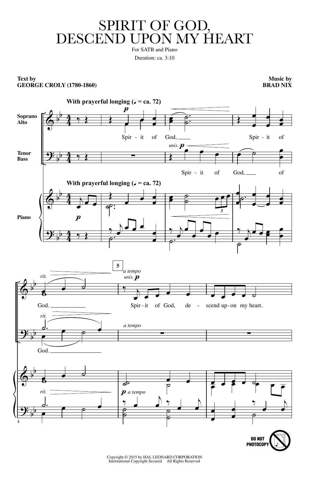 Brad Nix Spirit Of God, Descend Upon My Heart sheet music notes and chords arranged for SATB Choir