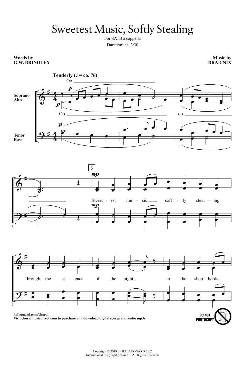 Brad Nix Sweetest Music, Softly Stealing sheet music notes and chords arranged for SATB Choir