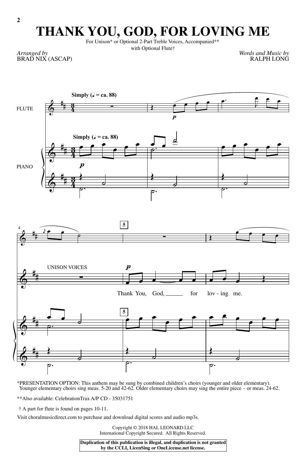 Brad Nix Thank You, God, For Loving Me sheet music notes and chords arranged for Unison Choir