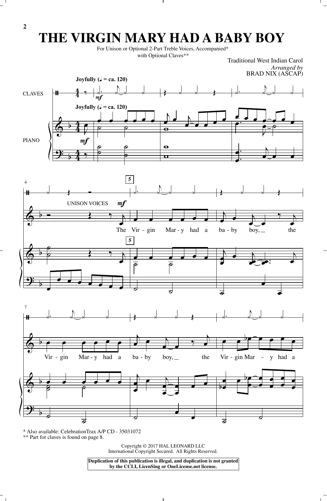 Brad Nix The Virgin Mary Had A Baby Boy sheet music notes and chords arranged for Unison Choir