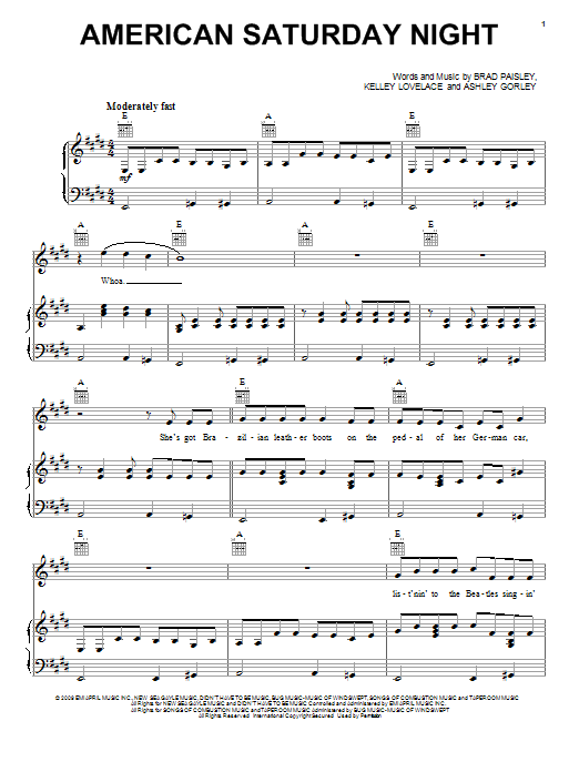Brad Paisley American Saturday Night sheet music notes and chords arranged for Piano, Vocal & Guitar Chords (Right-Hand Melody)