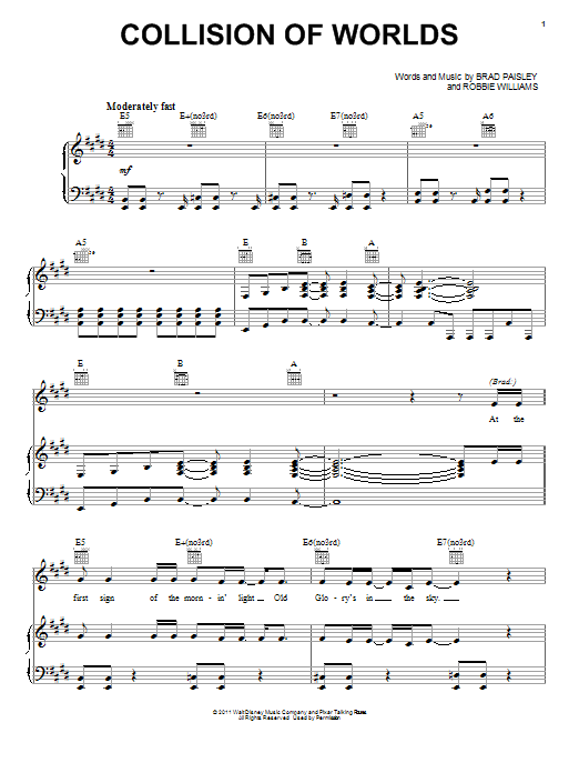 Brad Paisley and Robbie Williams Collision Of Worlds sheet music notes and chords arranged for Piano, Vocal & Guitar Chords (Right-Hand Melody)
