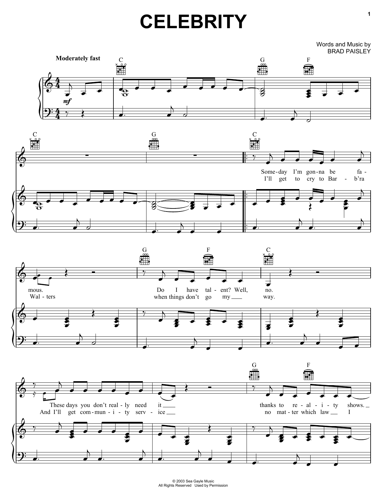 Brad Paisley Celebrity sheet music notes and chords arranged for Guitar Chords/Lyrics