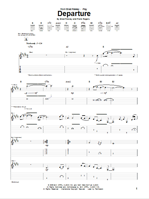 Brad Paisley Departure sheet music notes and chords arranged for Guitar Tab