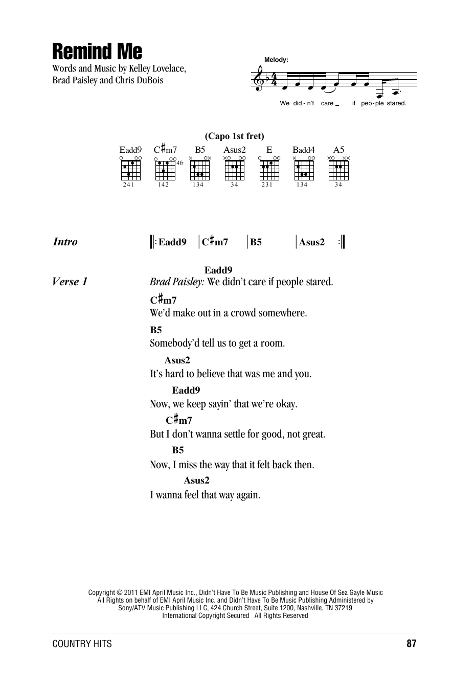 Brad Paisley Duet With Carrie Underwood Remind Me sheet music notes and chords arranged for Guitar Chords/Lyrics