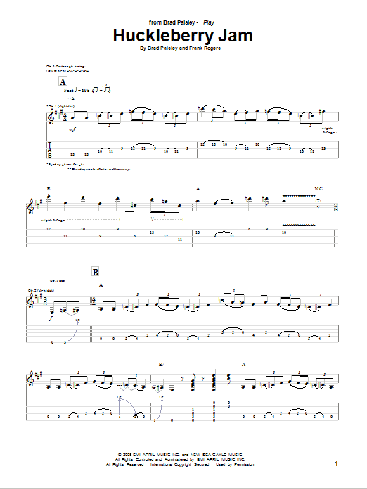Brad Paisley Huckleberry Jam sheet music notes and chords arranged for Guitar Tab