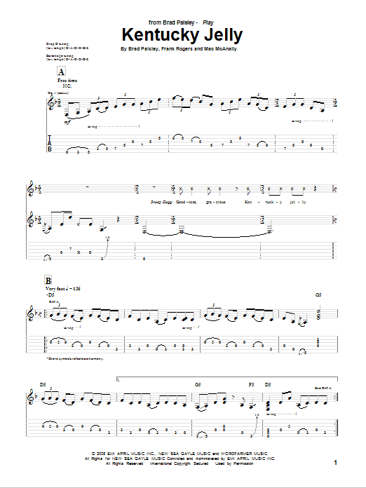 Brad Paisley Kentucky Jelly sheet music notes and chords arranged for Guitar Tab