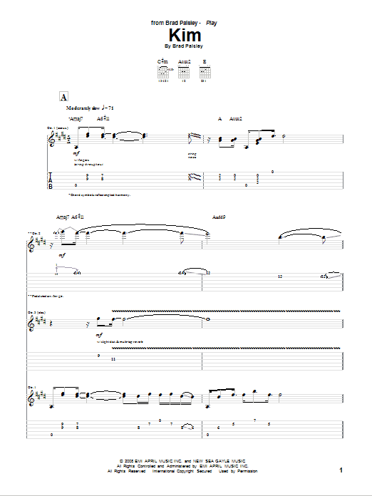 Brad Paisley Kim sheet music notes and chords arranged for Guitar Tab