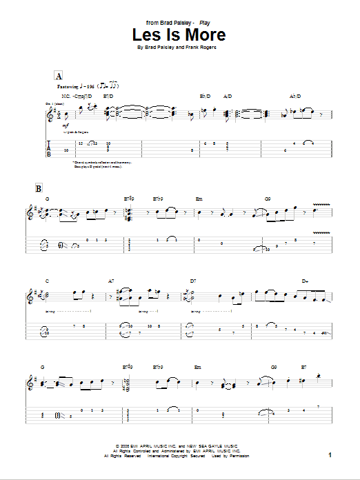 Brad Paisley Les Is More sheet music notes and chords arranged for Guitar Tab