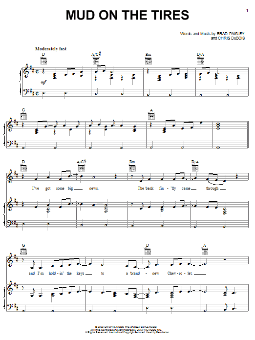 Brad Paisley Mud On The Tires sheet music notes and chords arranged for Piano, Vocal & Guitar Chords (Right-Hand Melody)