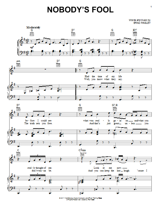 Brad Paisley Nobody's Fool sheet music notes and chords arranged for Piano, Vocal & Guitar Chords (Right-Hand Melody)