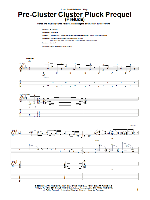 Brad Paisley Pre-Cluster Cluster Pluck Prequel (Prelude) sheet music notes and chords arranged for Guitar Tab