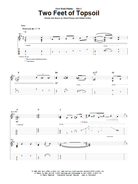 Brad Paisley Two Feet Of Topsoil sheet music notes and chords arranged for Guitar Tab