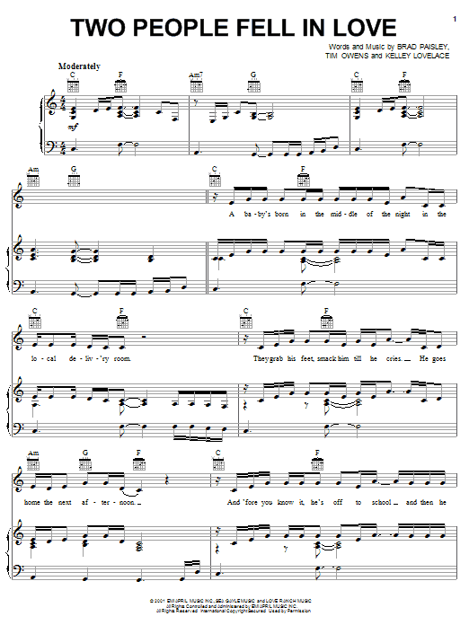 Brad Paisley Two People Fell In Love sheet music notes and chords arranged for Piano, Vocal & Guitar Chords (Right-Hand Melody)