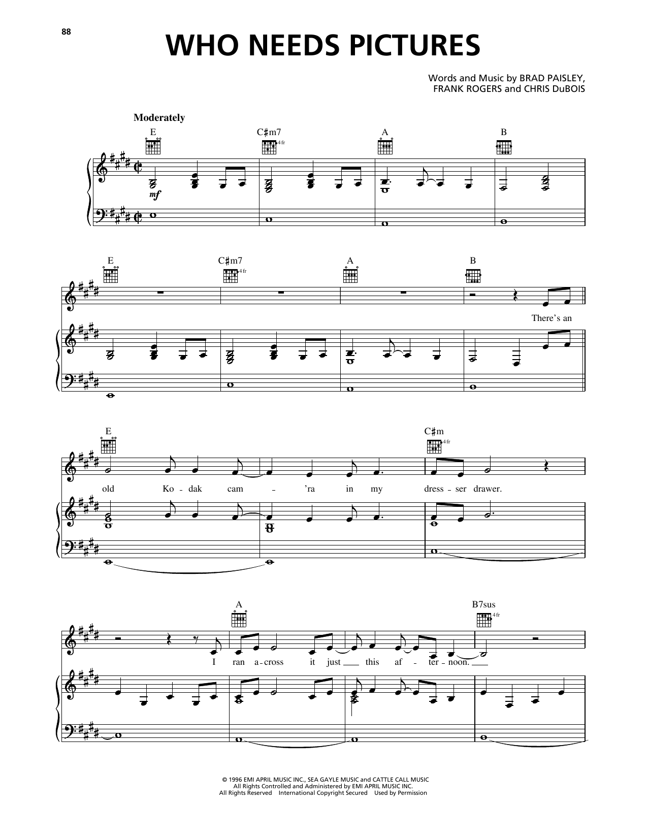 Brad Paisley Who Needs Pictures sheet music notes and chords arranged for Piano, Vocal & Guitar Chords (Right-Hand Melody)