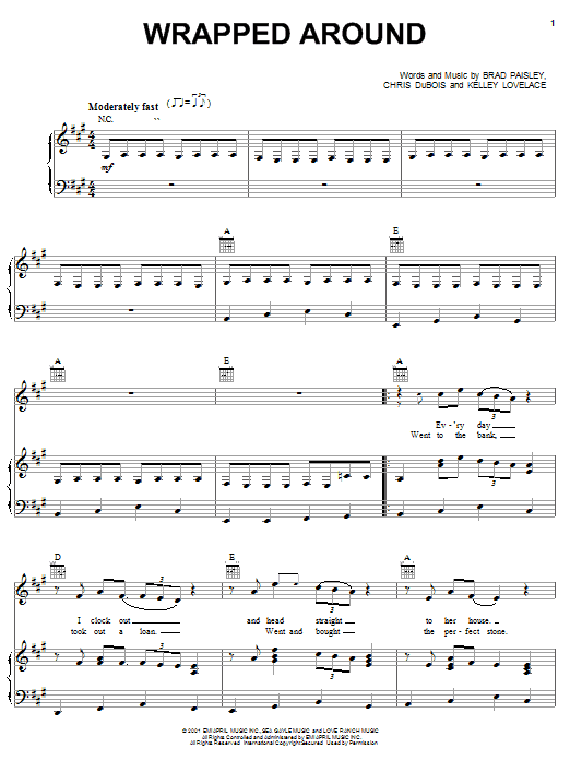 Brad Paisley Wrapped Around sheet music notes and chords arranged for Piano, Vocal & Guitar Chords (Right-Hand Melody)