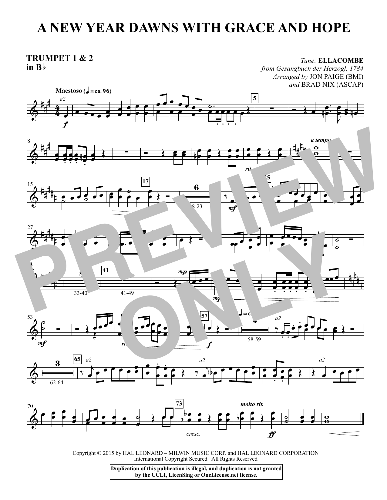 Brad Nix A New Year Dawns with Grace and Hope - Bb Trumpet 1,2 sheet music notes and chords arranged for Choir Instrumental Pak