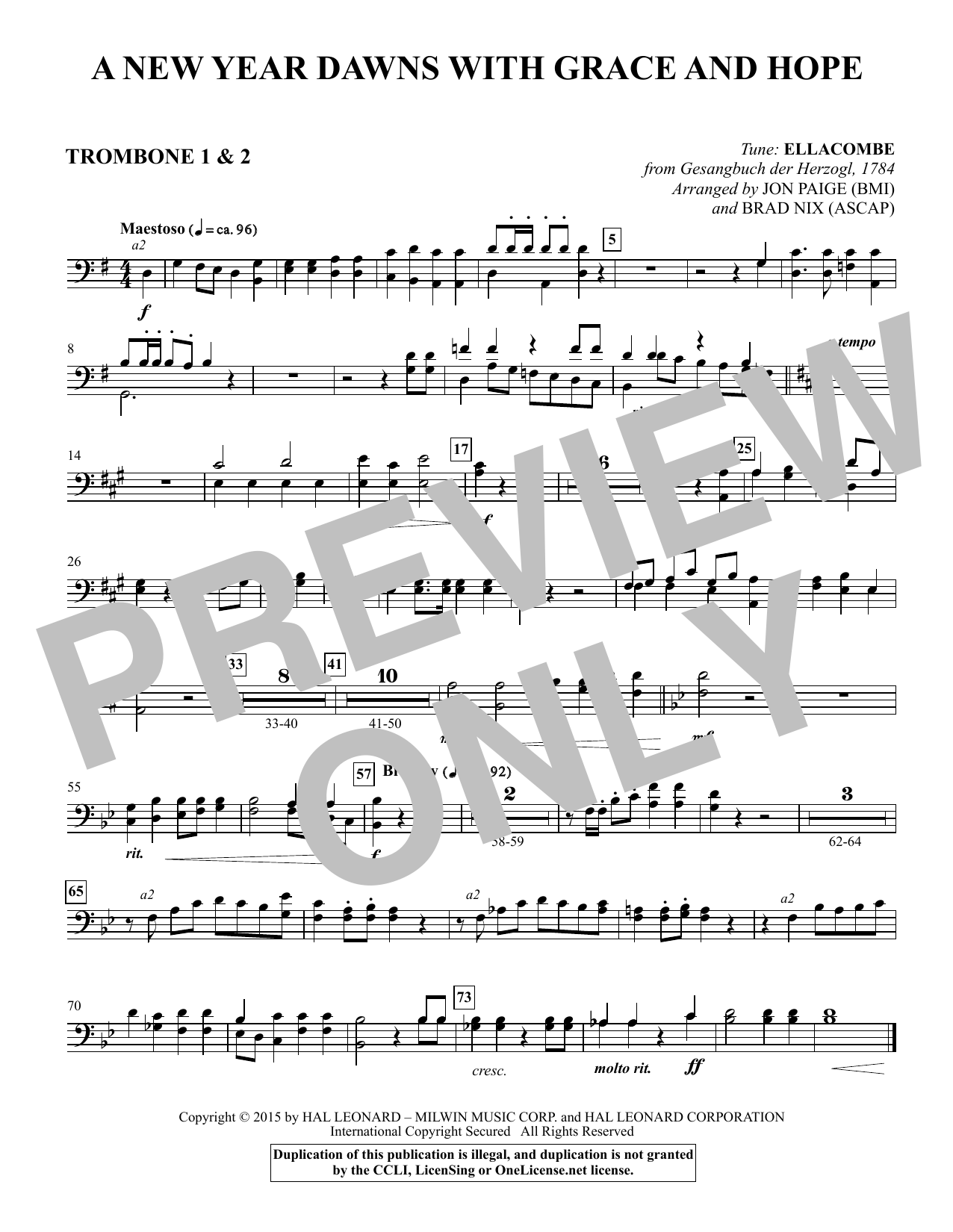 Brad Nix A New Year Dawns with Grace and Hope - Trombone 1 & 2 sheet music notes and chords arranged for Choir Instrumental Pak