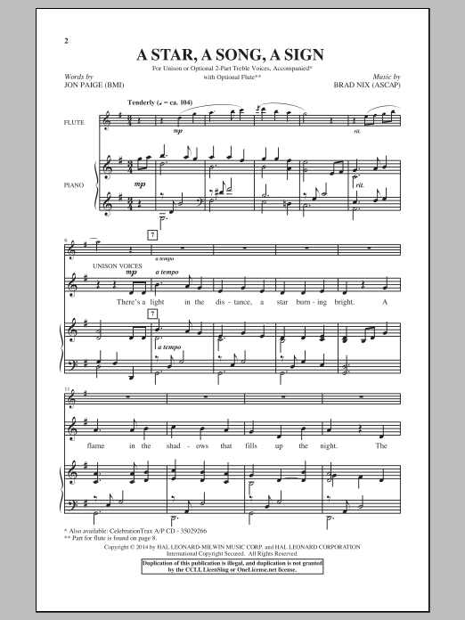 Brad Nix A Star, A Song, A Sign sheet music notes and chords arranged for Unison Choir