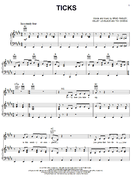 Brad Paisley Ticks sheet music notes and chords arranged for Piano, Vocal & Guitar Chords (Right-Hand Melody)