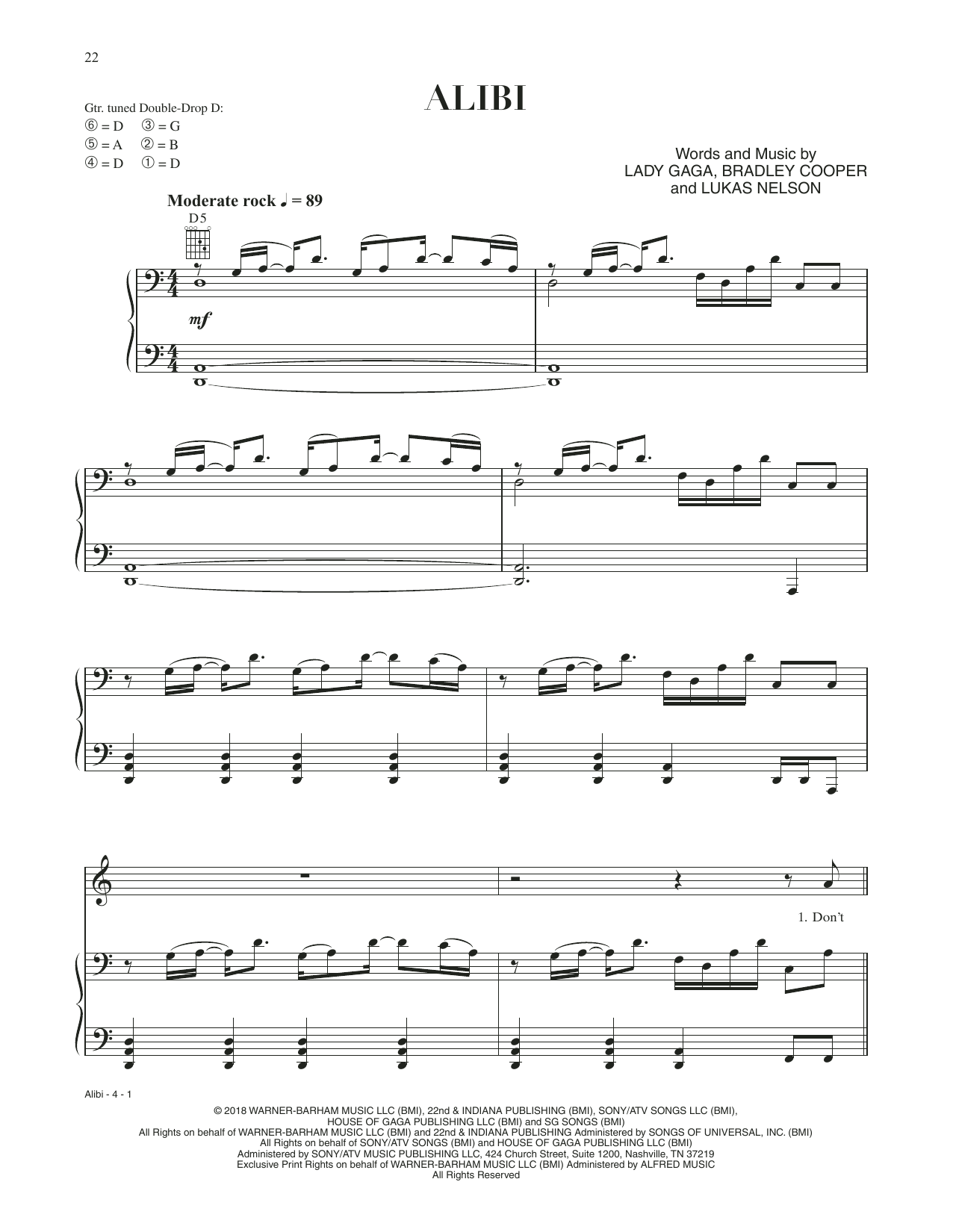 Bradley Cooper Alibi (from A Star Is Born) sheet music notes and chords arranged for Piano, Vocal & Guitar Chords (Right-Hand Melody)