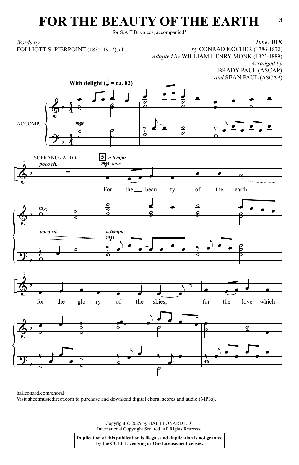 Brady Paul and Sean Paul For The Beauty Of The Earth sheet music notes and chords arranged for SATB Choir
