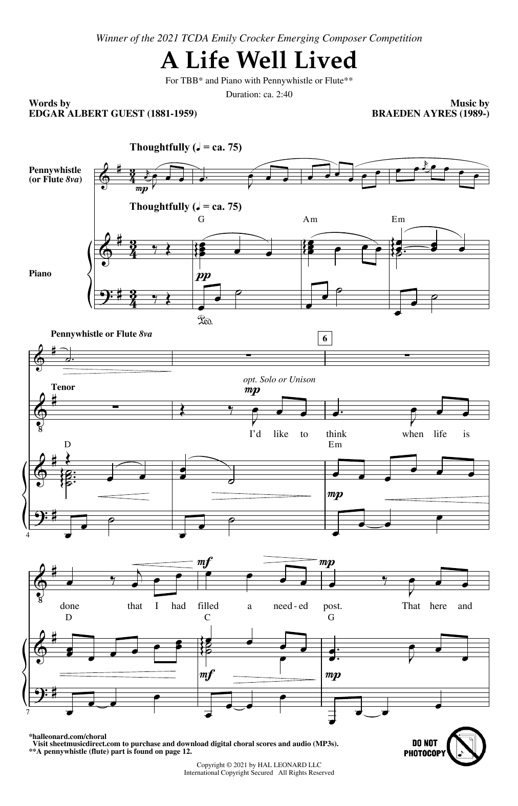 Braeden Ayres A Life Well Lived sheet music notes and chords arranged for TBB Choir