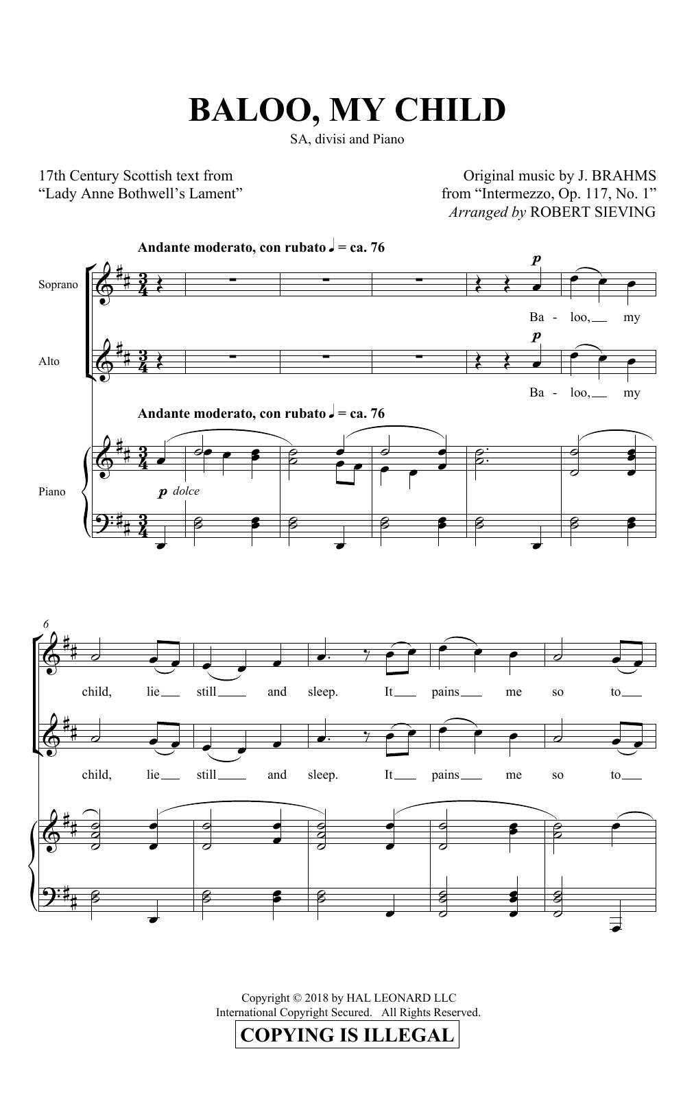 Brahms, Johannes Baloo, My Child (arr. Robert Sieving) sheet music notes and chords arranged for 2-Part Choir