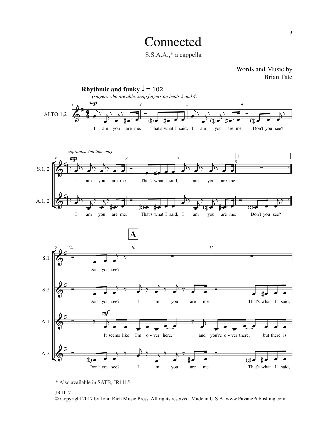 Brain Tate Connected sheet music notes and chords arranged for SSAA Choir