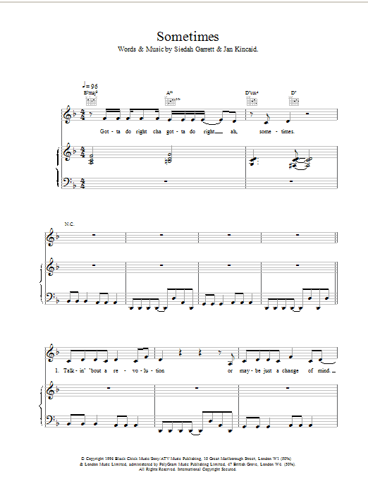 Brand New Heavies Sometimes sheet music notes and chords arranged for Piano, Vocal & Guitar Chords