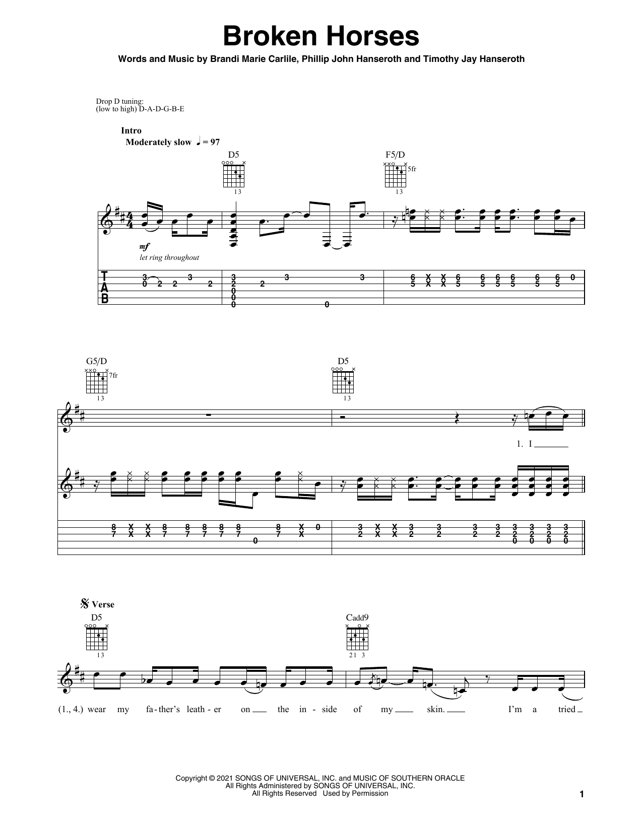 Brandi Carlile Broken Horses sheet music notes and chords arranged for Solo Guitar