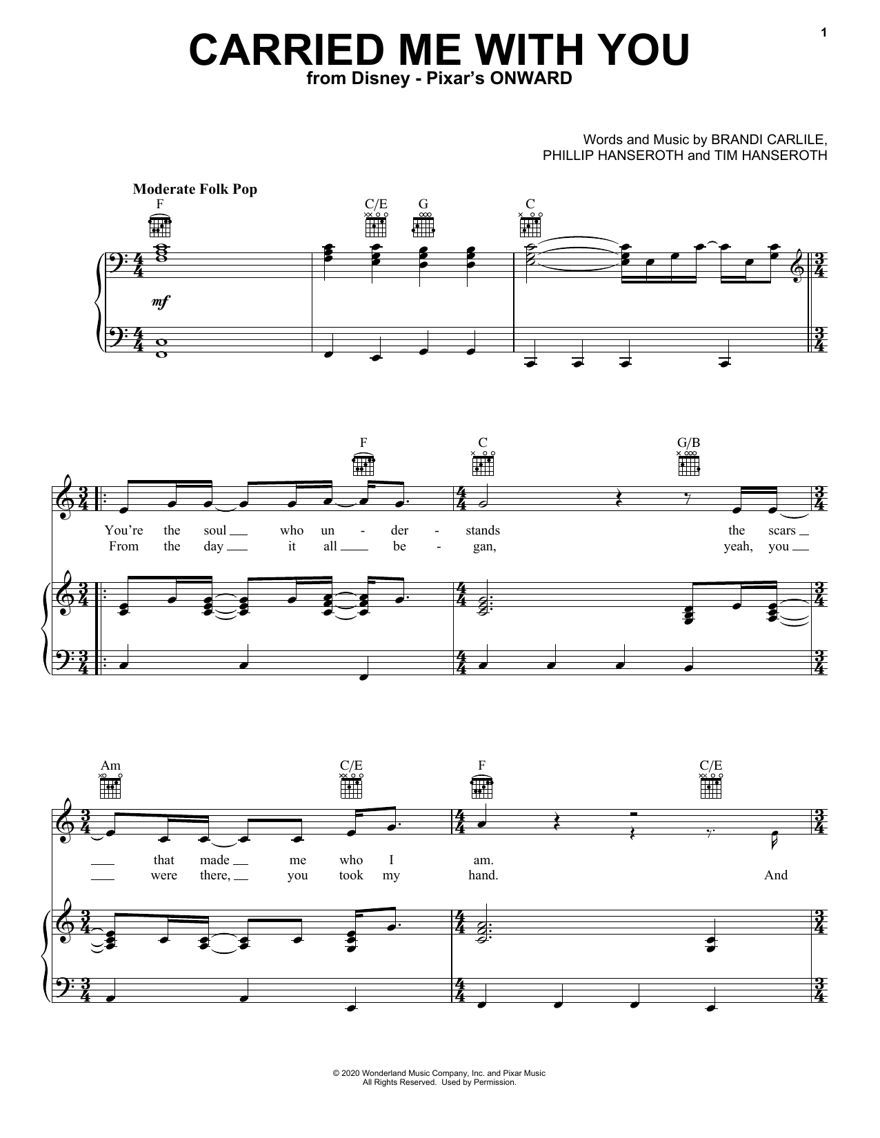 Brandi Carlile Carried Me With You (from Onward) sheet music notes and chords arranged for Piano, Vocal & Guitar Chords (Right-Hand Melody)