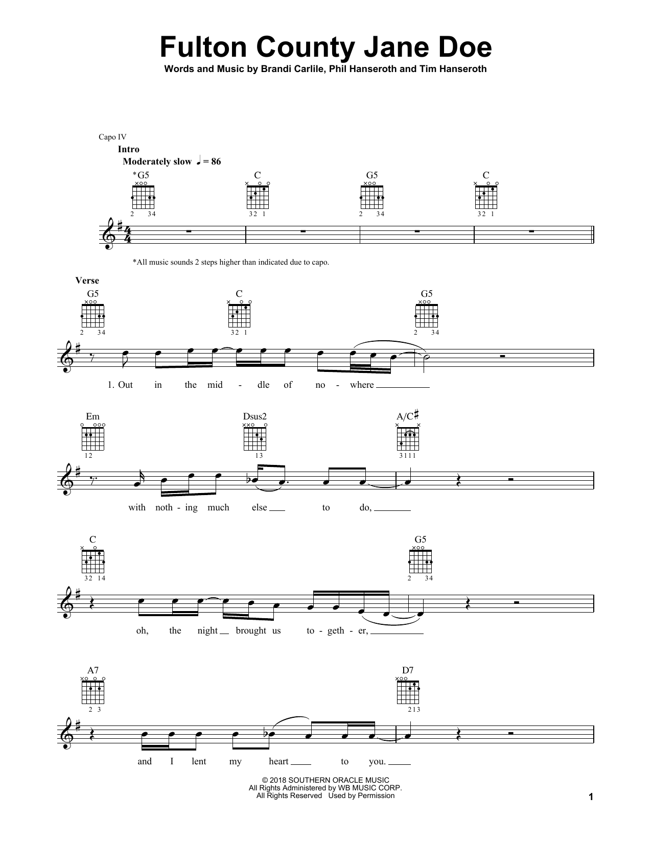 Brandi Carlile Fulton County Jane Doe sheet music notes and chords arranged for Solo Guitar