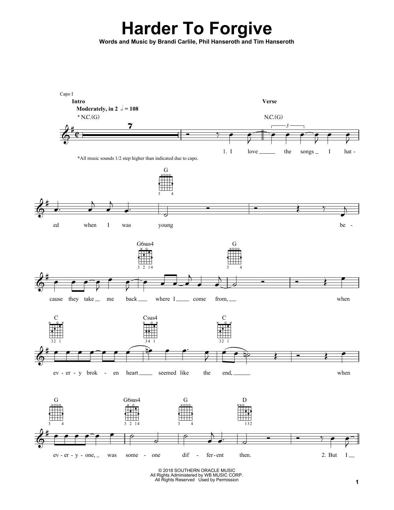 Brandi Carlile Harder To Forgive sheet music notes and chords arranged for Solo Guitar