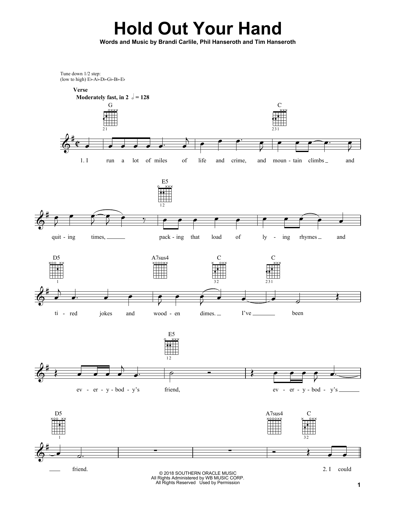 Brandi Carlile Hold Out Your Hand sheet music notes and chords arranged for Solo Guitar
