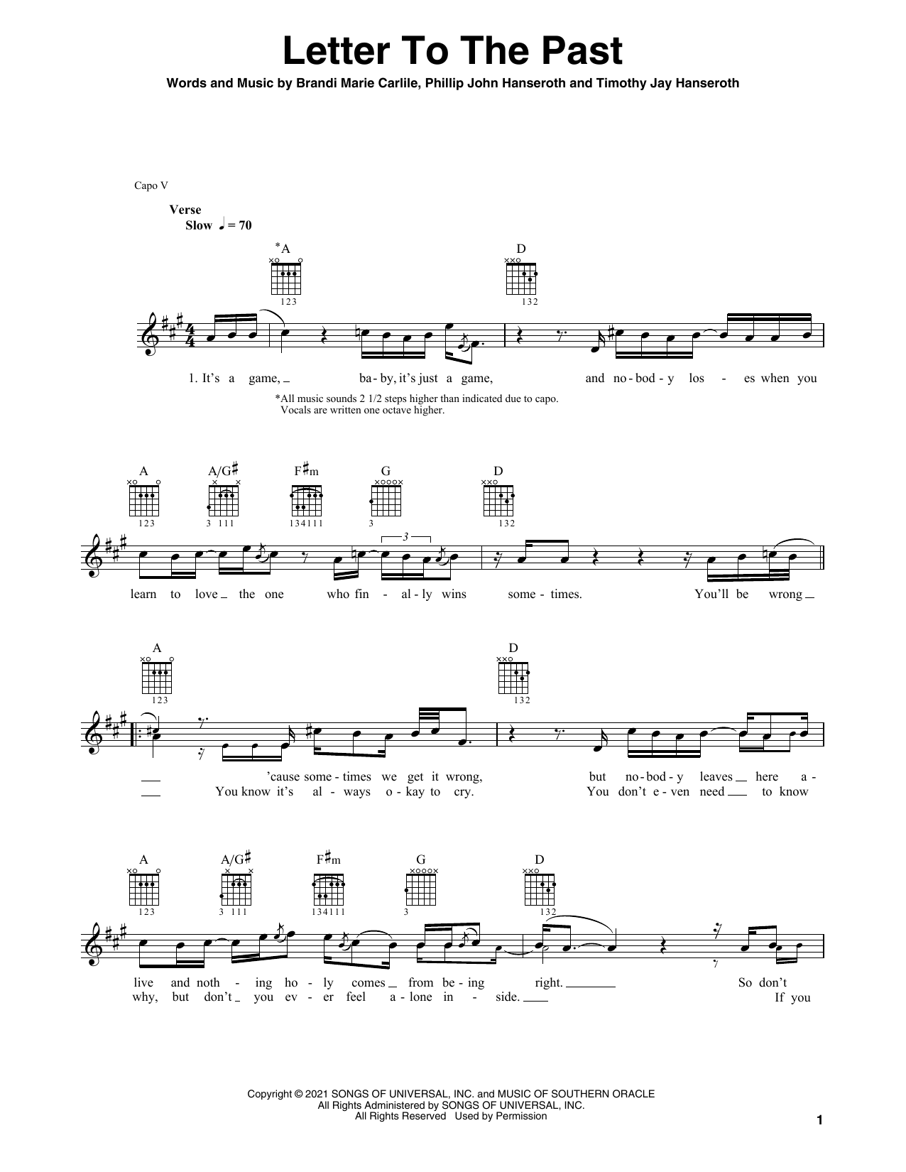 Brandi Carlile Letter To The Past sheet music notes and chords arranged for Solo Guitar