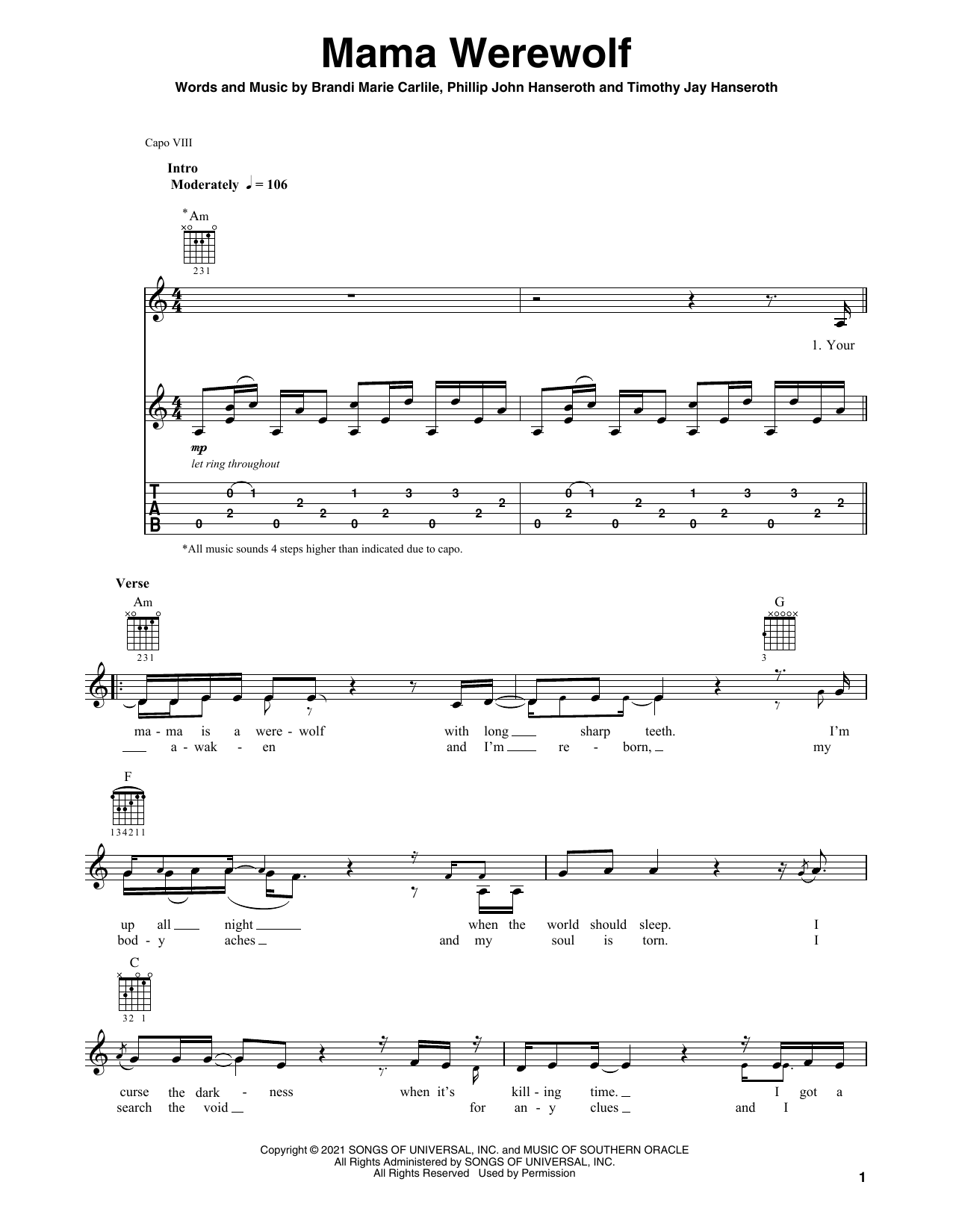 Brandi Carlile Mama Werewolf sheet music notes and chords arranged for Solo Guitar