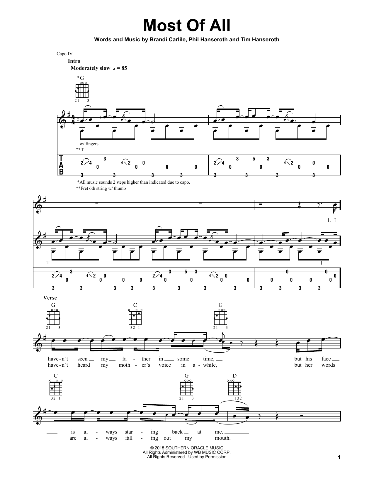 Brandi Carlile Most Of All sheet music notes and chords arranged for Solo Guitar