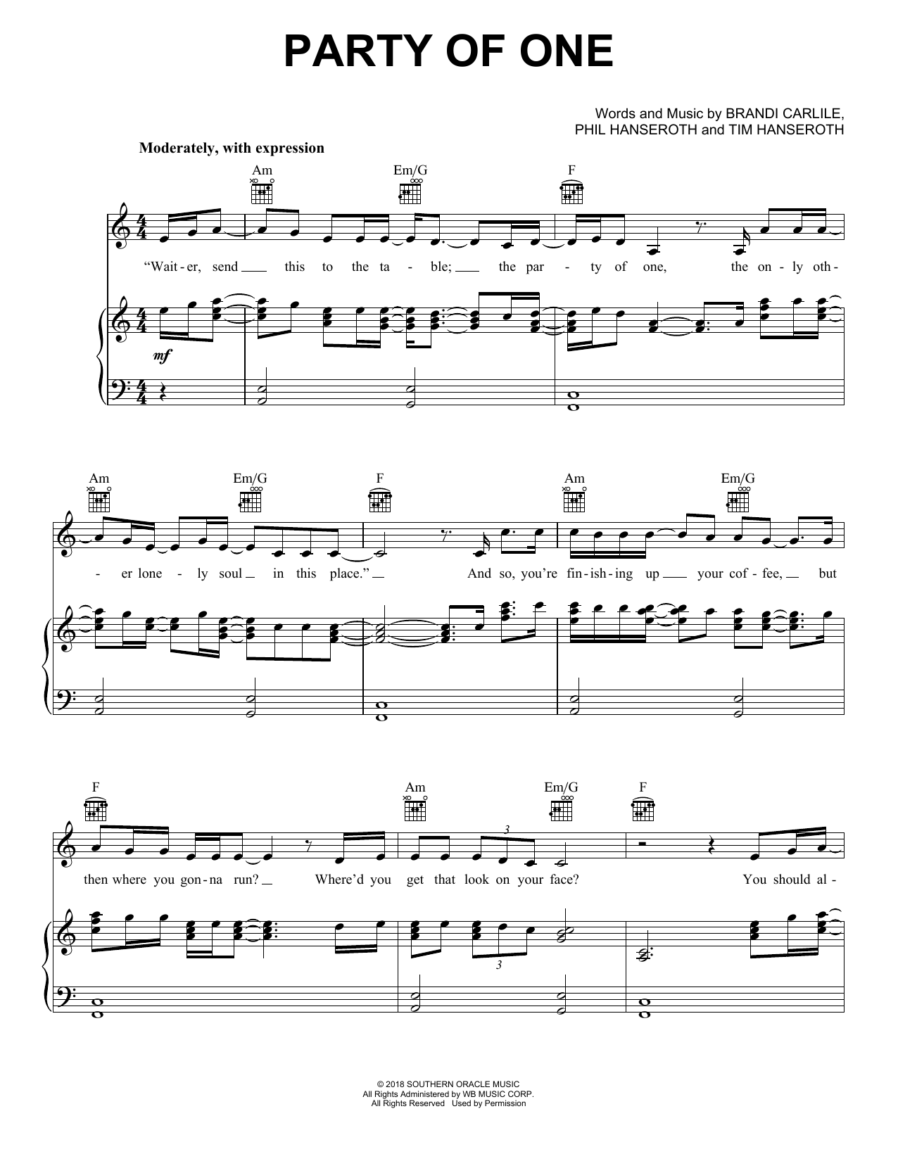 Brandi Carlile Party Of One (feat. Sam Smith) sheet music notes and chords arranged for Piano, Vocal & Guitar Chords (Right-Hand Melody)