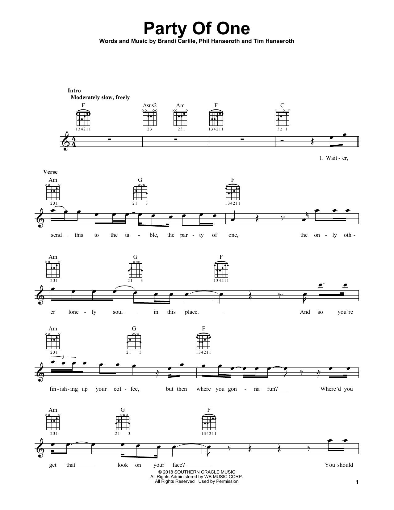 Brandi Carlile Party Of One sheet music notes and chords arranged for Solo Guitar