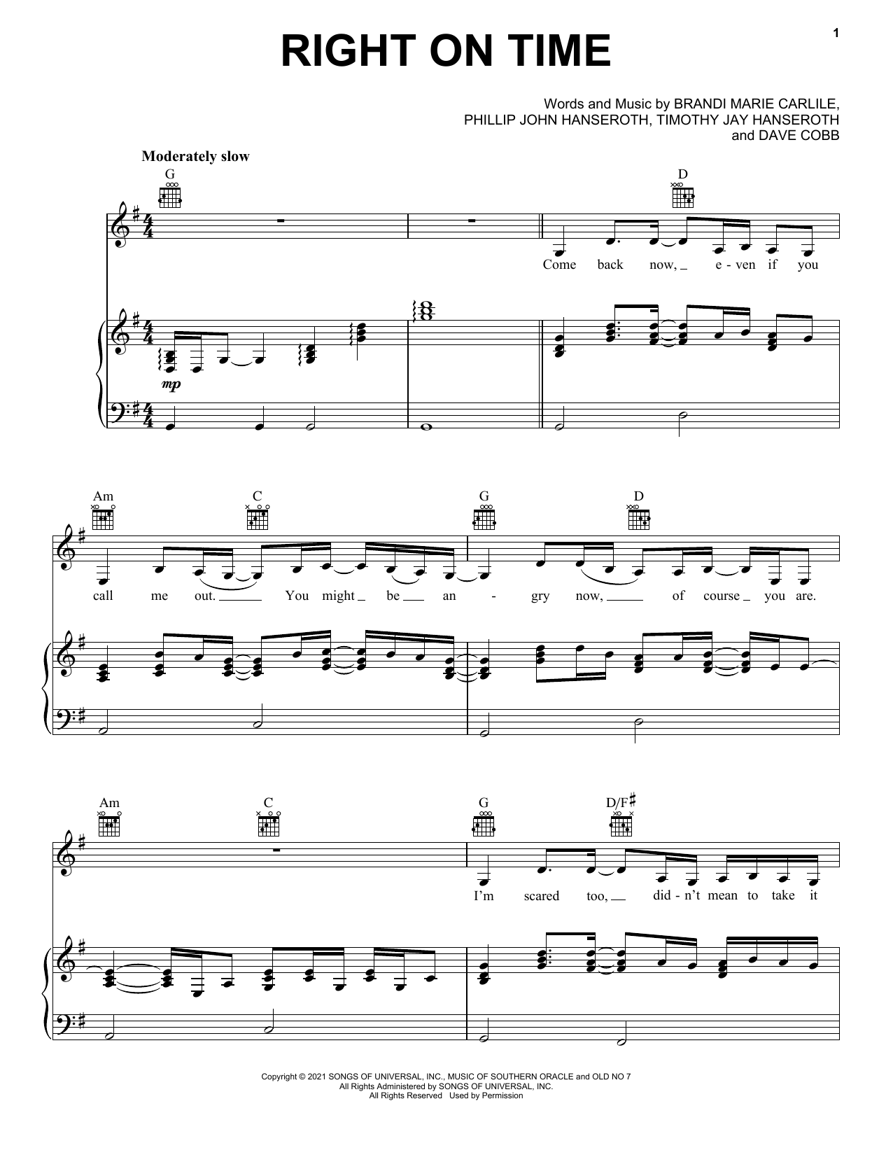 Brandi Carlile Right On Time sheet music notes and chords arranged for Easy Guitar Tab