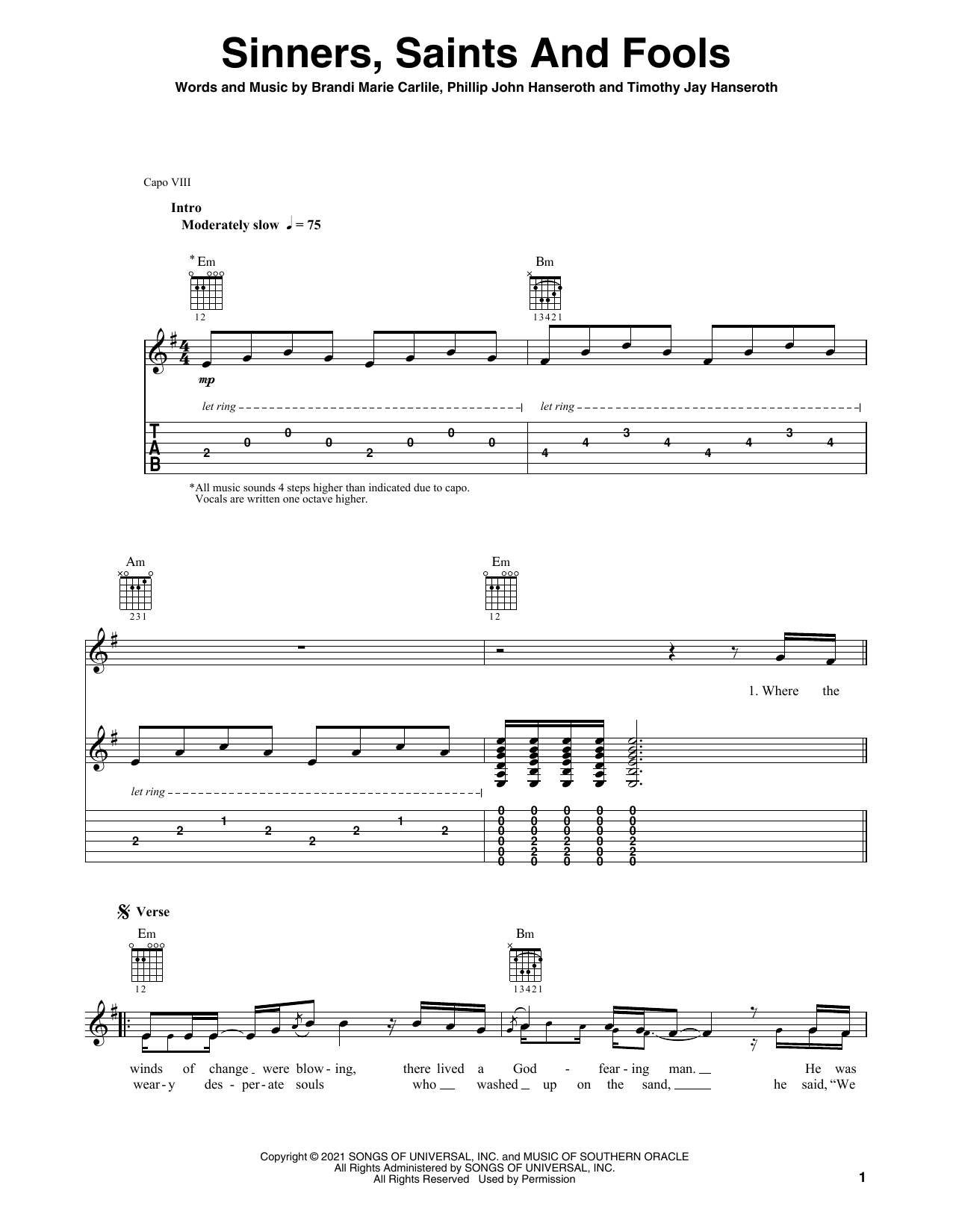Brandi Carlile Sinners, Saints And Fools sheet music notes and chords arranged for Solo Guitar