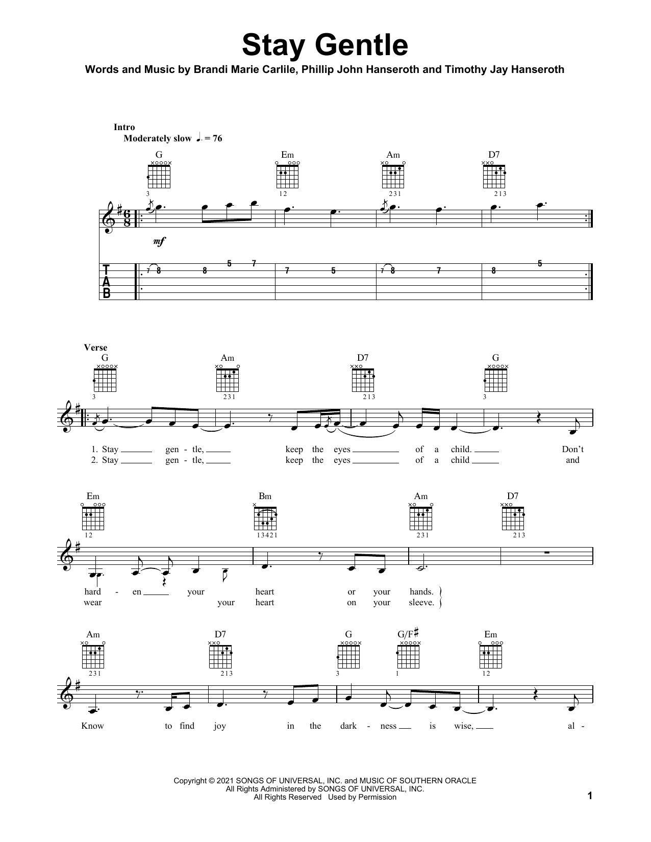 Brandi Carlile Stay Gentle sheet music notes and chords arranged for Solo Guitar