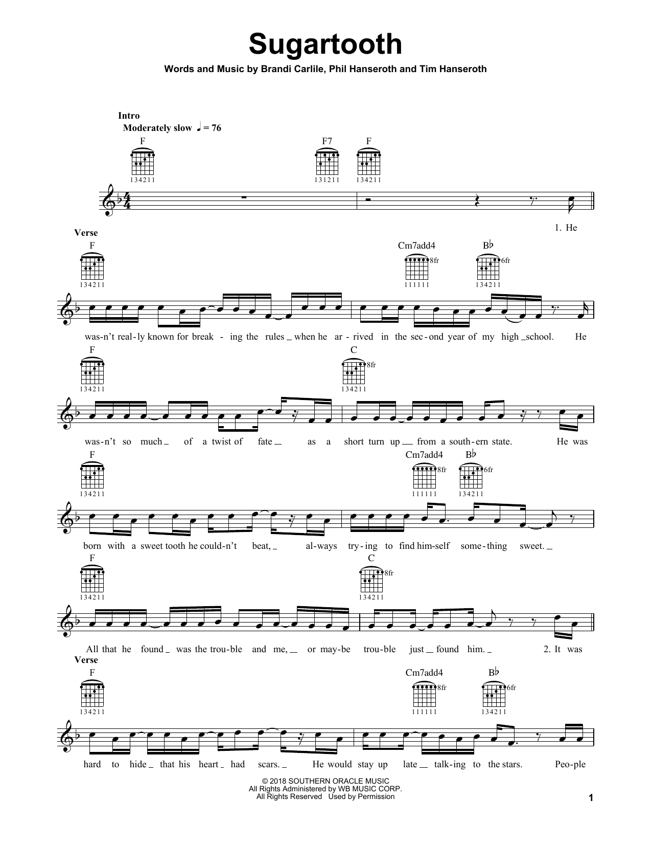 Brandi Carlile Sugartooth sheet music notes and chords arranged for Solo Guitar
