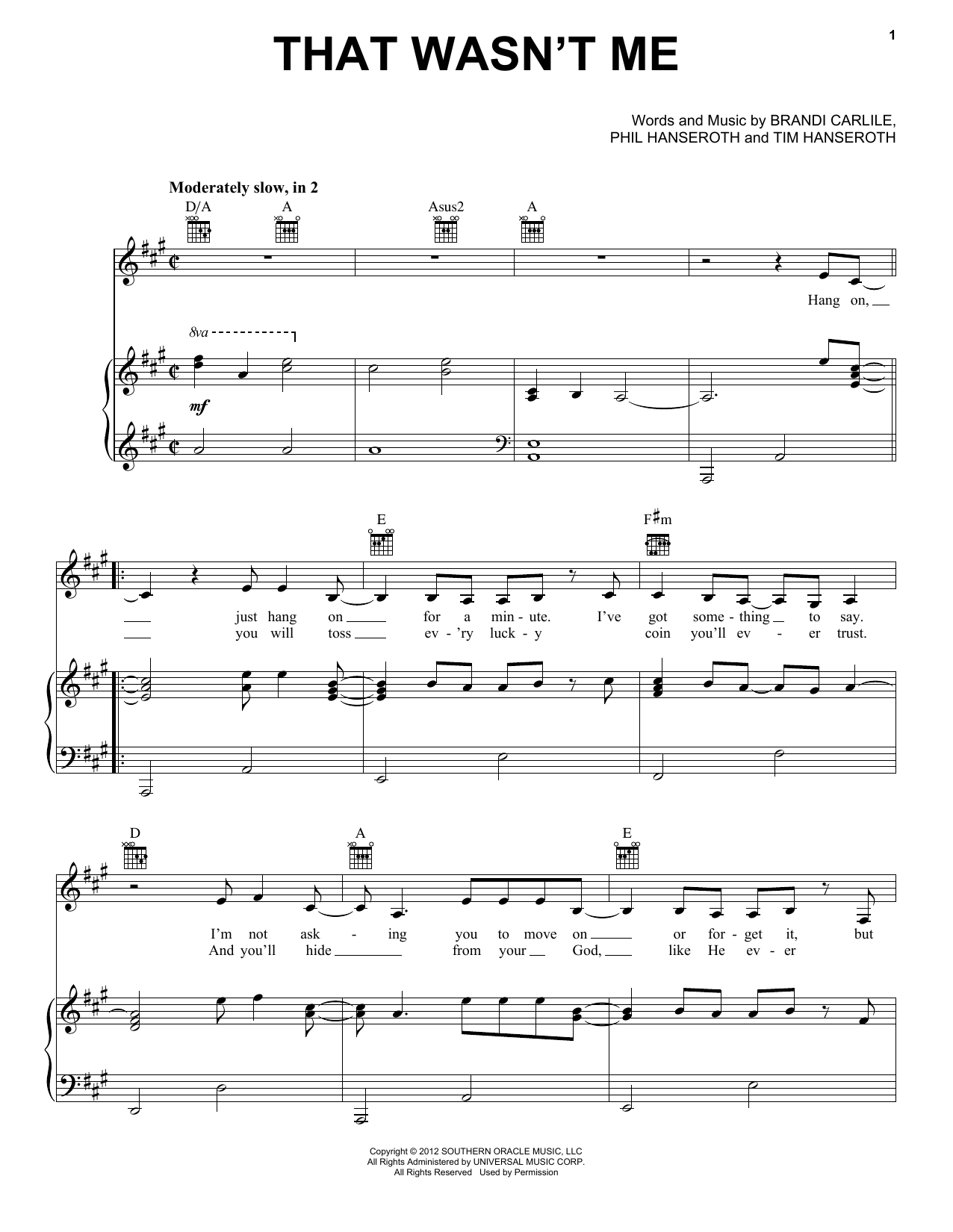Brandi Carlile That Wasn't Me sheet music notes and chords arranged for Piano, Vocal & Guitar Chords (Right-Hand Melody)