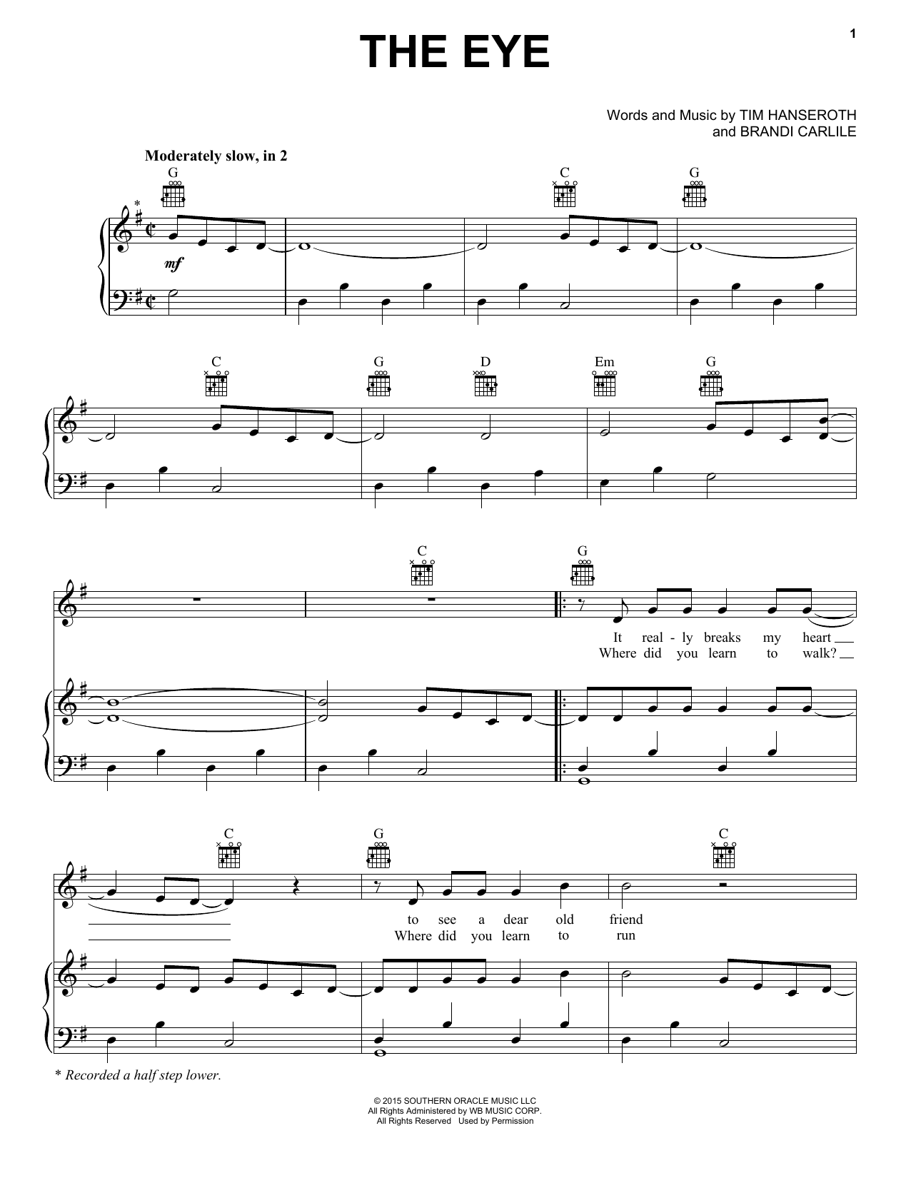 Brandi Carlile The Eye sheet music notes and chords arranged for Piano, Vocal & Guitar Chords (Right-Hand Melody)
