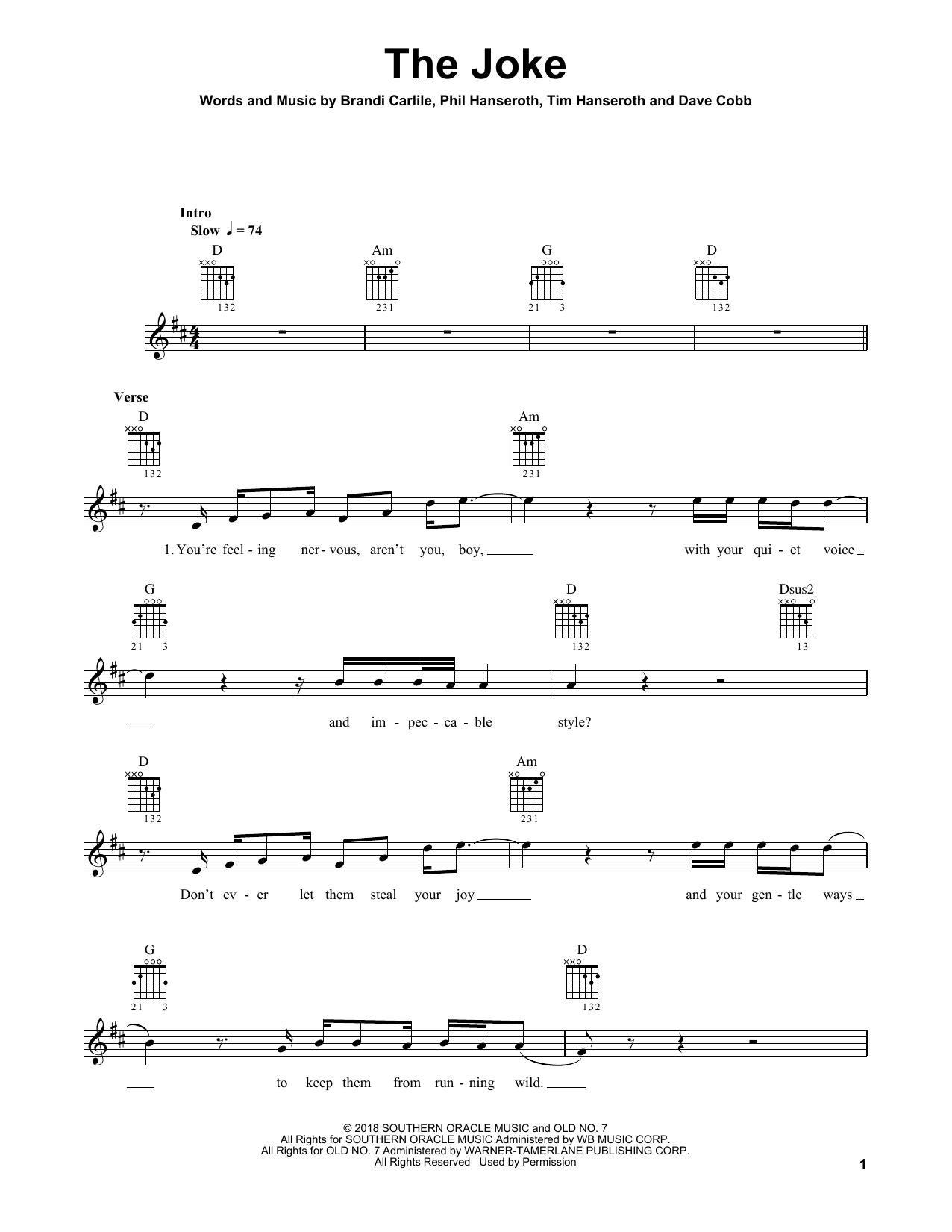 Brandi Carlile The Joke sheet music notes and chords arranged for Piano, Vocal & Guitar Chords (Right-Hand Melody)