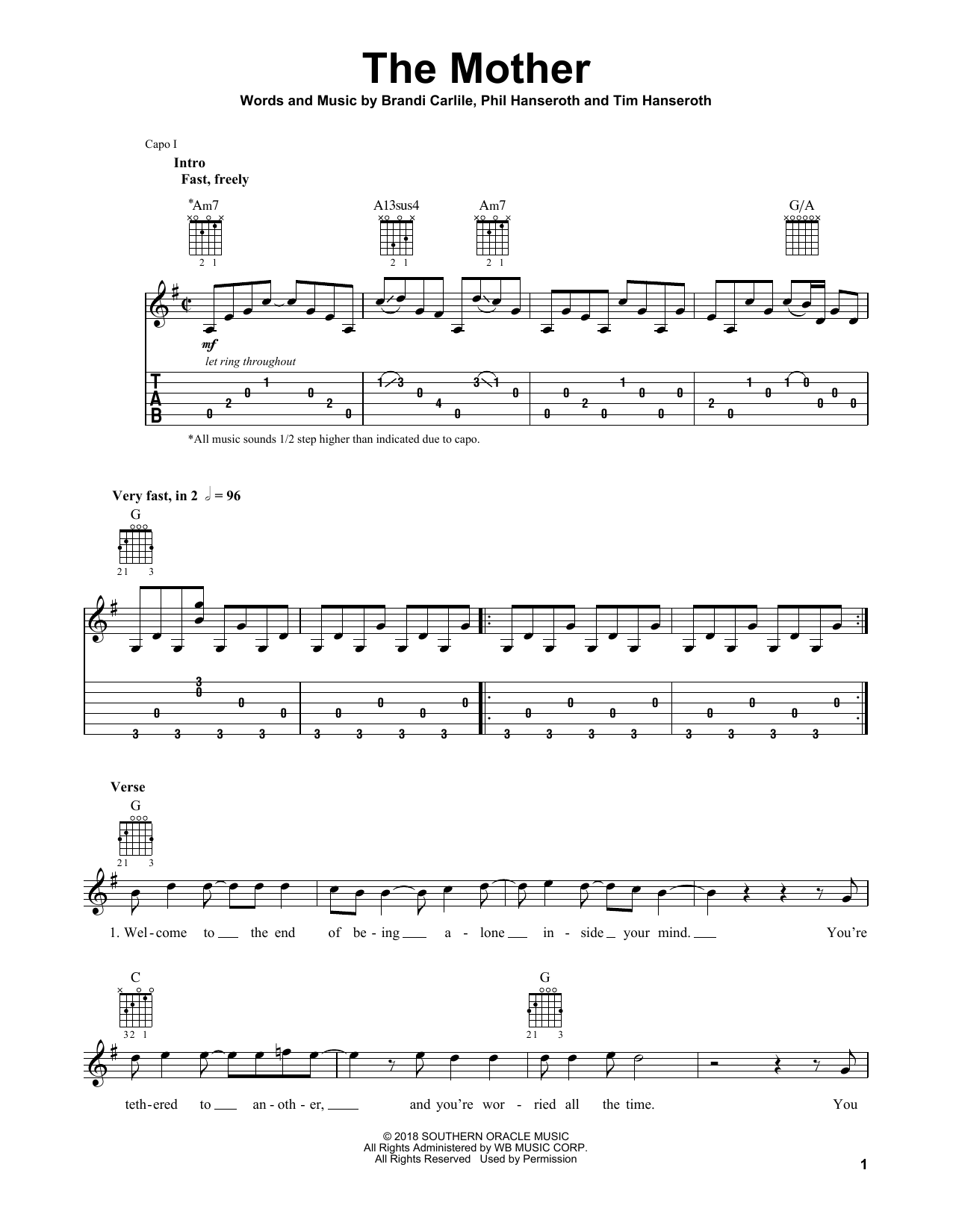 Brandi Carlile The Mother sheet music notes and chords arranged for Solo Guitar