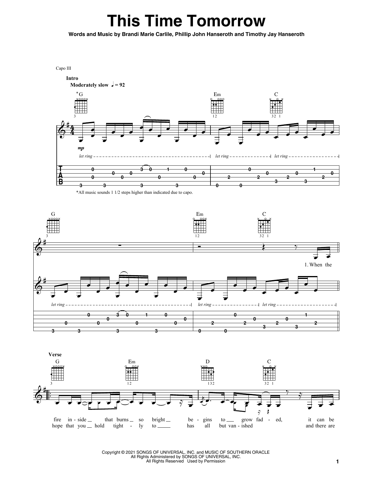 Brandi Carlile This Time Tomorrow sheet music notes and chords arranged for Solo Guitar