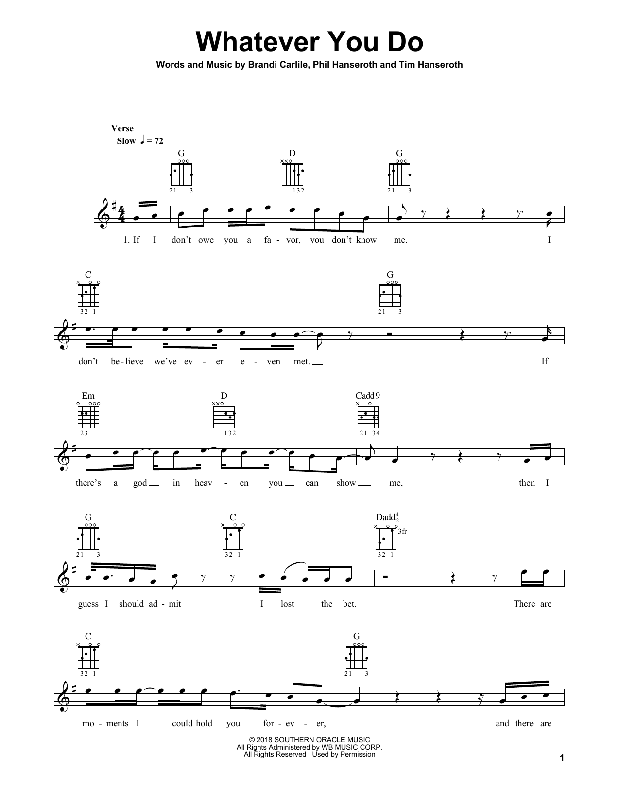 Brandi Carlile Whatever You Do sheet music notes and chords arranged for Solo Guitar